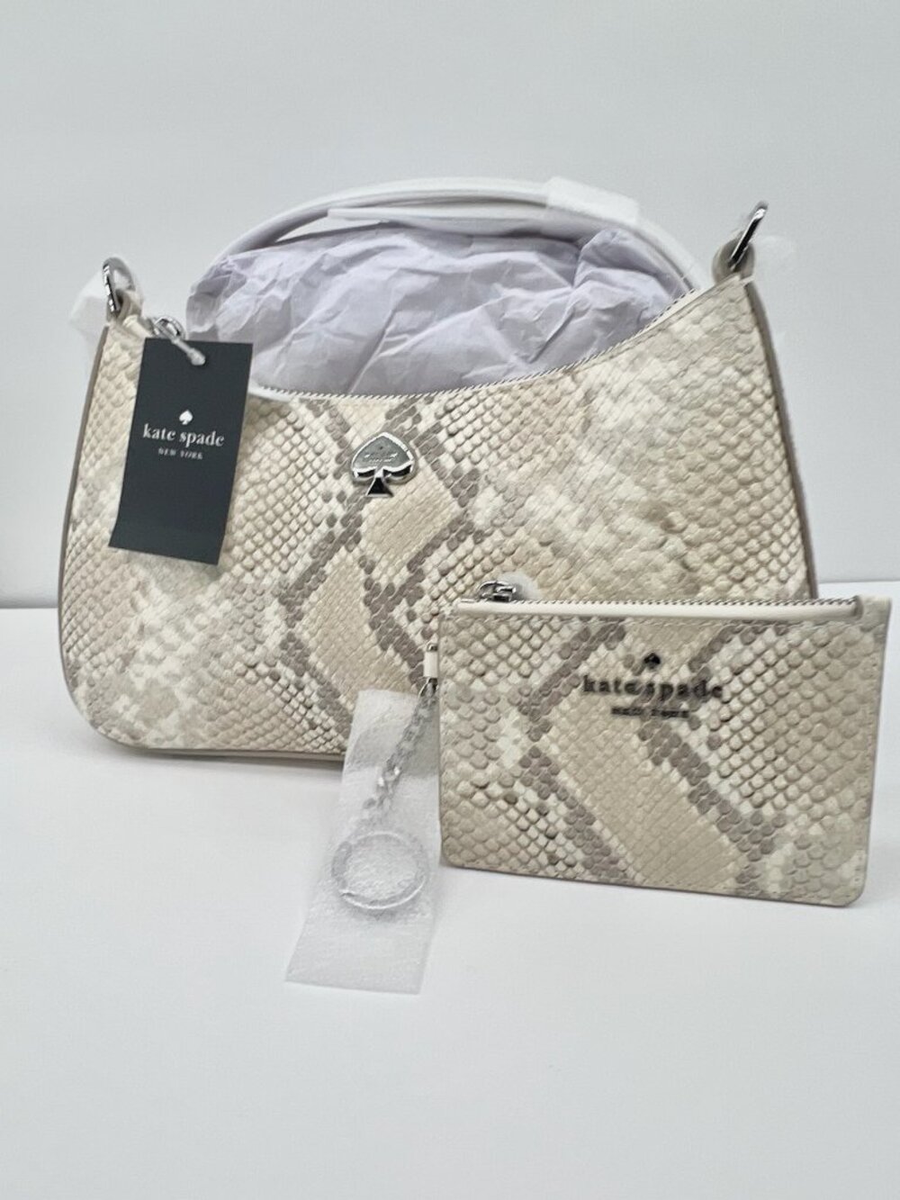 NWT Kate Spade Kayla Snake Embossed Shoulder Bag + Matching Key Card Holder Set - Picture 3 of 12